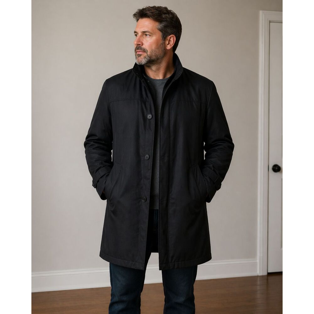 Calvin Klein Black Insulated Car Rain Coat 44L Removable Lining Zip/Button Front